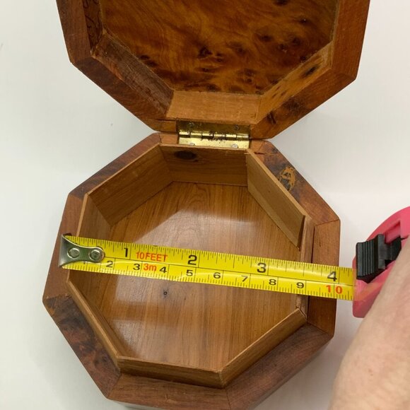 Wooden Octagon Carved Floral Heart Curly Wood Jewelry Trinket Box - Picture 3 of 9